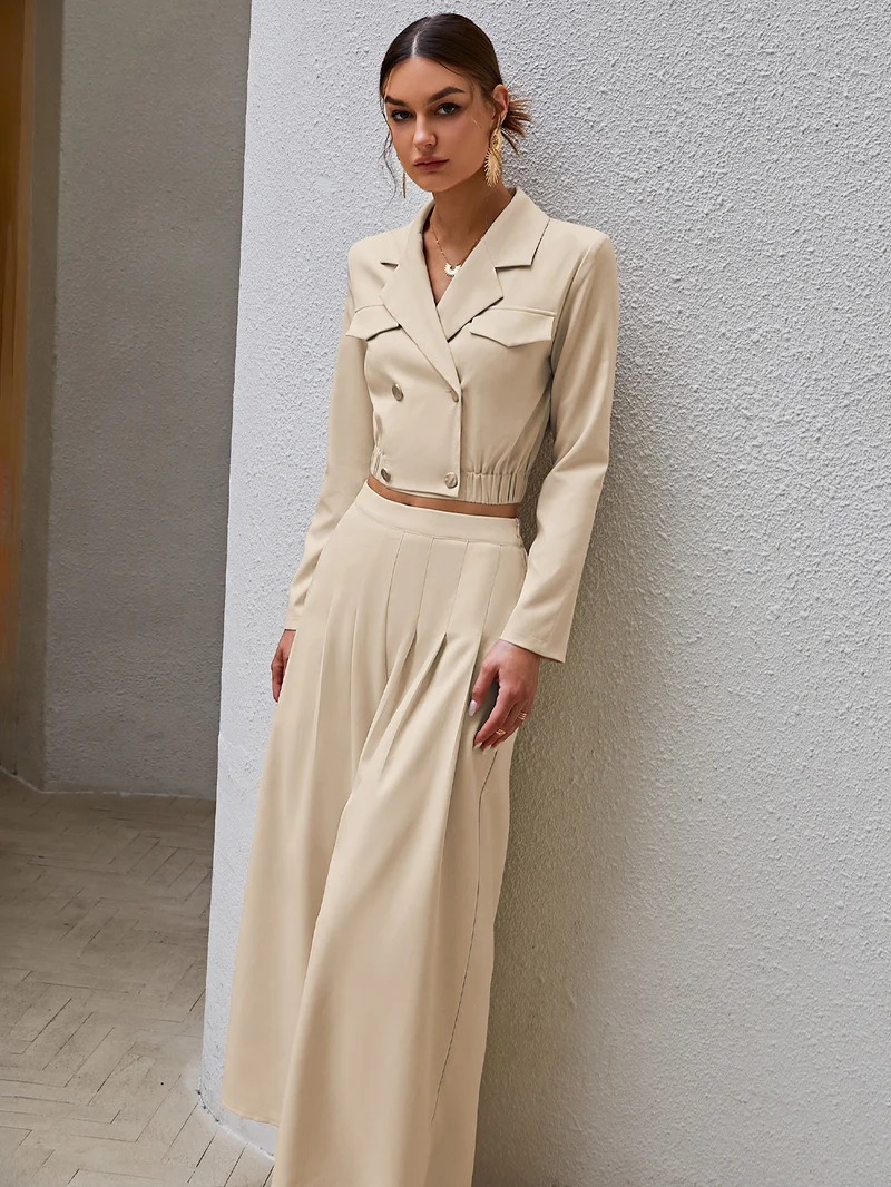Simplee Two Piece Set Notch Lapel Long Sleeve High Waist Straight Plaid Jacquard Off White Cream Premium Ivory Pearl