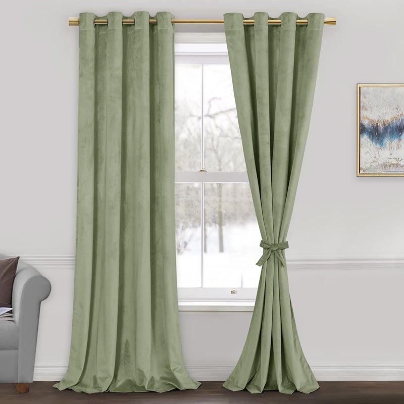 JIUZHEN Sage Green Velvet Curtains 90 inch  Room Darkening Smooth Hand-Feeling Durable Curtains Thermal Insulated Privacy Protection for Parlor Nursery Living Room/Bedroom  2 Panel with Tiebacks - Image 1