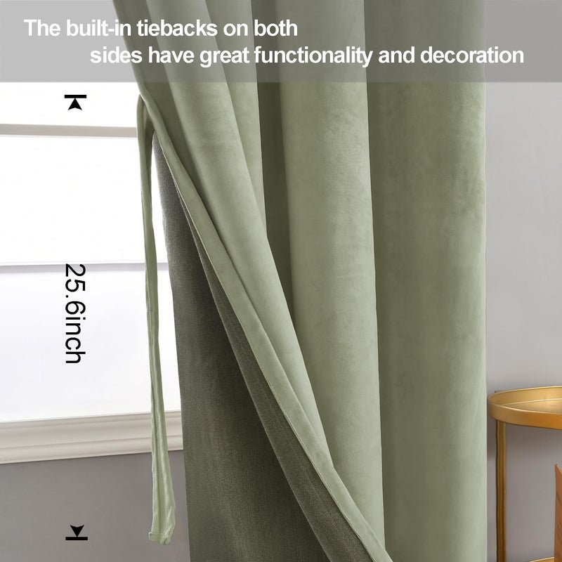 JIUZHEN Sage Green Velvet Curtains 90 inch  Room Darkening Smooth Hand-Feeling Durable Curtains Thermal Insulated Privacy Protection for Parlor Nursery Living Room/Bedroom  2 Panel with Tiebacks - Image 3