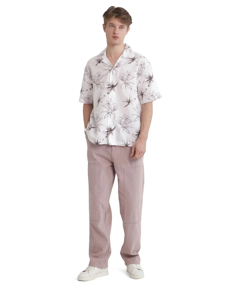 Rare Rabbit Rare Rabbit Men's Strup White Cotton Fabric Short Sleeve Cuban Collared Button Closure Floral Printed Shirt
