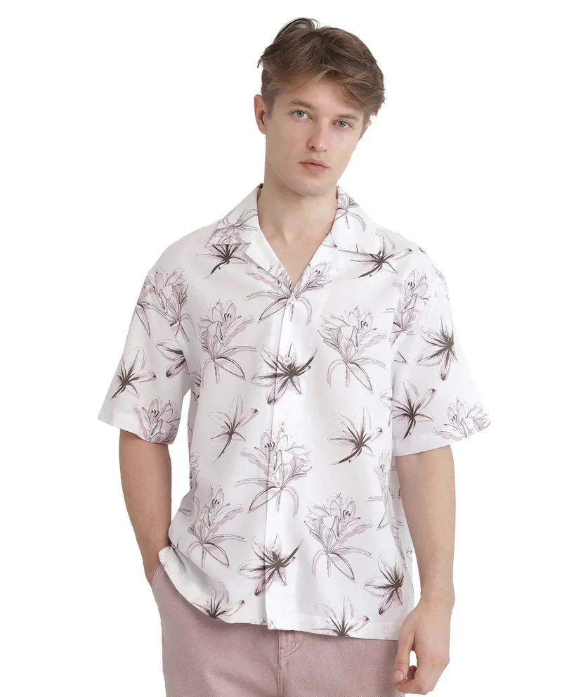Rare Rabbit Rare Rabbit Men's Strup White Cotton Fabric Short Sleeve Cuban Collared Button Closure Floral Printed Shirt