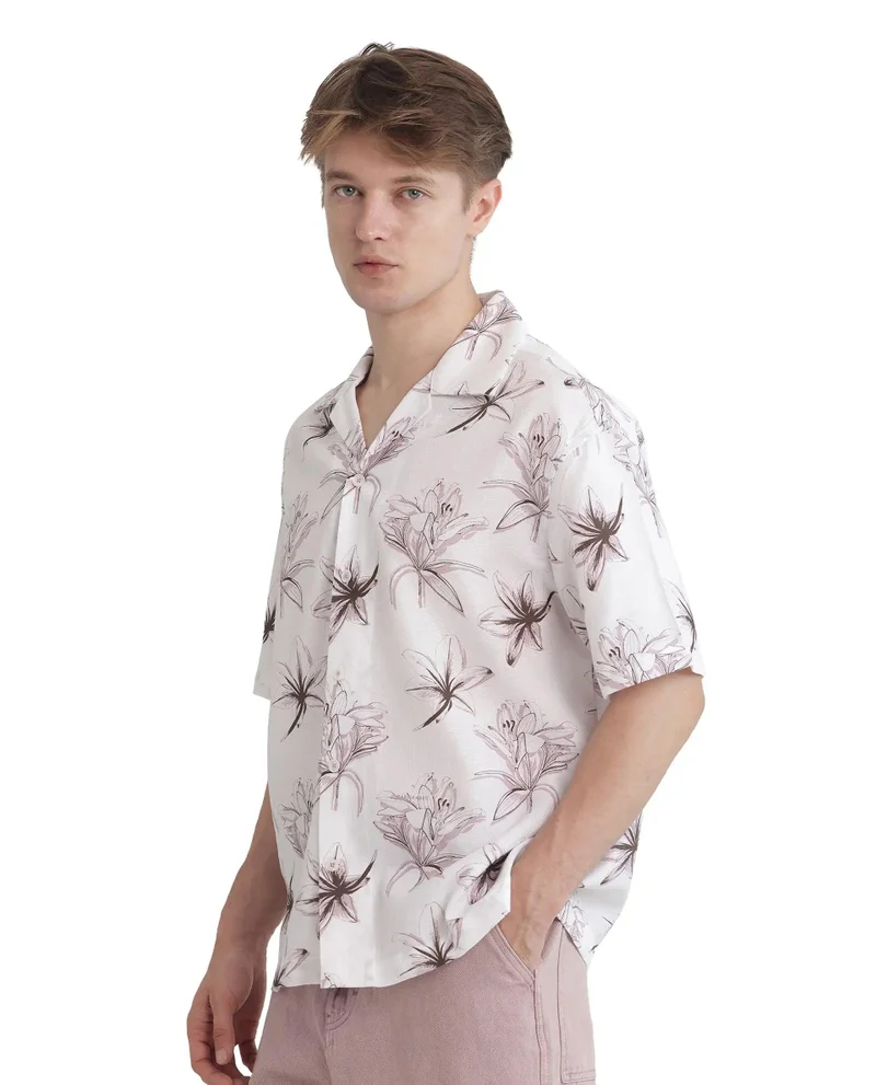 Rare Rabbit Men's Floral Print Cuban Collar Boxy Fit Shirt