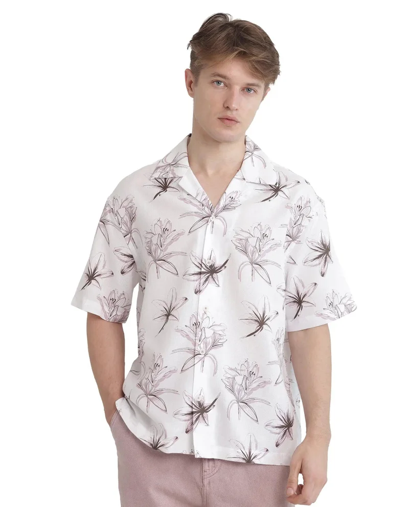 Rare Rabbit Men's Floral Print Cuban Collar Boxy Fit Shirt