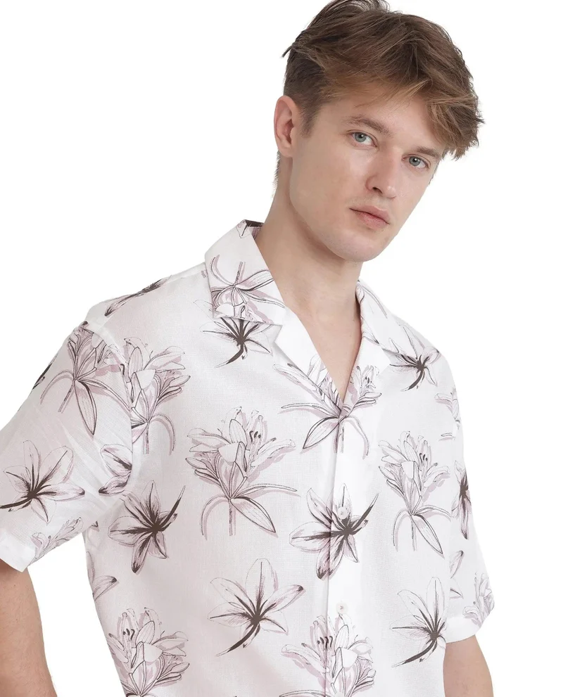 Rare Rabbit Men's Floral Print Cuban Collar Boxy Fit Shirt