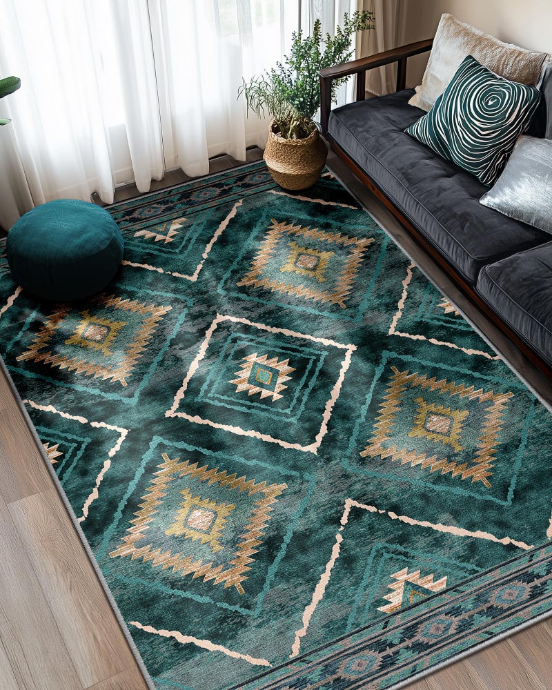 BESTSWEETIE Area Rug 5x7 Rug Machine Washable Non-Slip Low Pile Print Pattern Western Rug for Living Room Bedroom Entryway Tribal Series -Teal/Green - Image 1