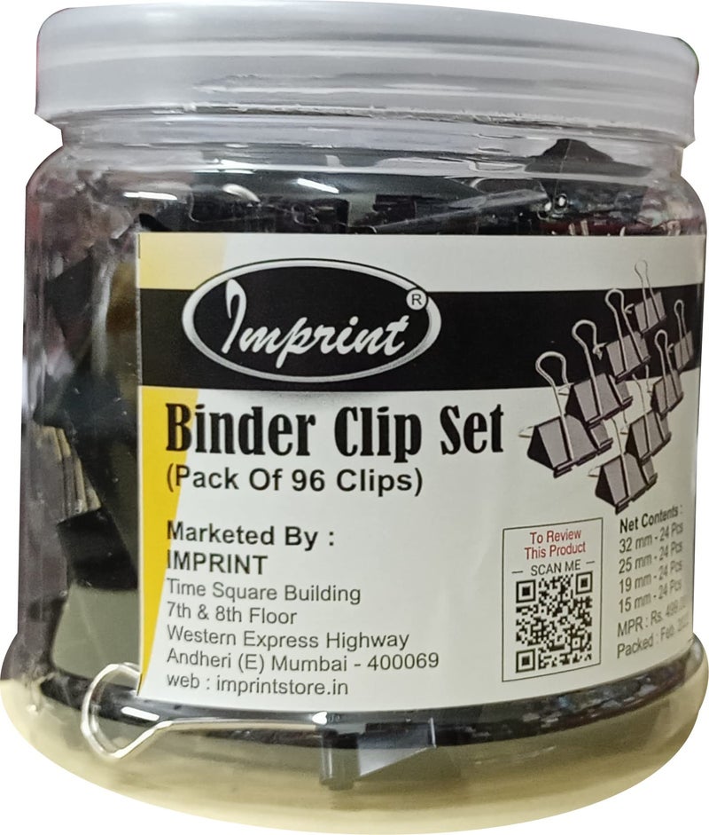 IMPRINT Metal Binder Clips Black Paper Clip 32 25 19 15 MM Binder Clips 24 of Each Size, Total 96 PC's Stationery Binding Supplies for Loose Papers, Files, DIY, Office and School Use - Image 1
