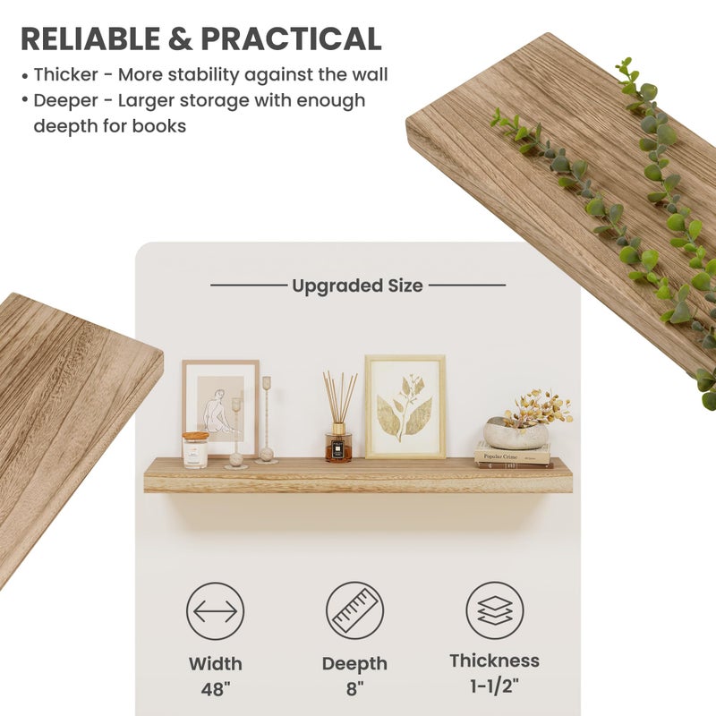 Marsmiles Solid Wood Floating Shelves for Wall 48"W x 8"D x 1.56"H Set of 2, Deep Wall Shelves for Living Room Bedroom Bathroom Kitchen Decor Storage with Invisible Heavy-Duty Metal Bracket, Carbonized Black - Image 4