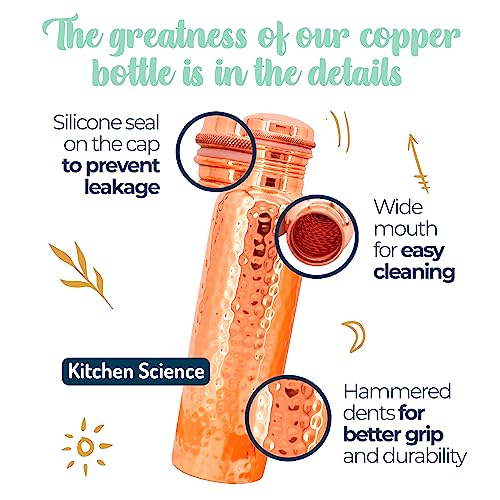 Kitchen Science Copper Water Bottle (34oz/1000ml) w/a Carrying Canvas Bag | 100% Pure Copper Bottle for Drinking Water | Lab-Tested, Heavy Duty & Leak-Proof | Authentic Ayurvedic Copper Water Bottle - Image 3