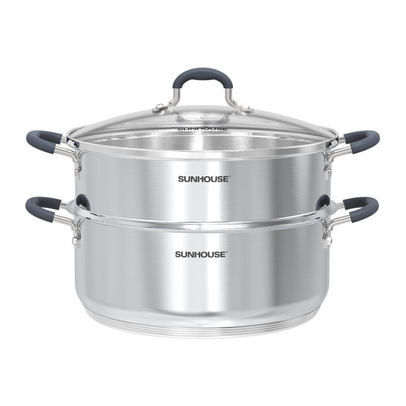 SUNHOUSE - 5.5 Quart Steamer Pots With Lid 2-Tier Multipurpose Stainless Steel Steaming Pot Cookware With Handle For Vegetable, Dumpling, Sauce, Food - Triple Bottom, Measurement Line - Image 1