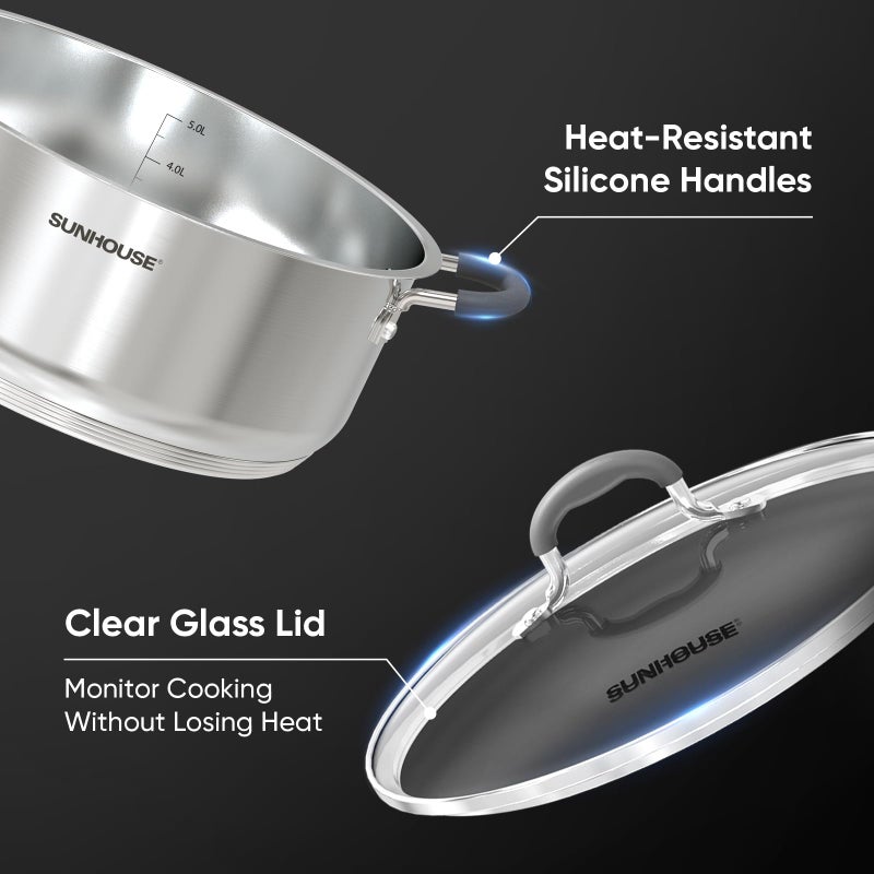 SUNHOUSE - 5.5 Quart Steamer Pots With Lid 2-Tier Multipurpose Stainless Steel Steaming Pot Cookware With Handle For Vegetable, Dumpling, Sauce, Food - Triple Bottom, Measurement Line - Image 3