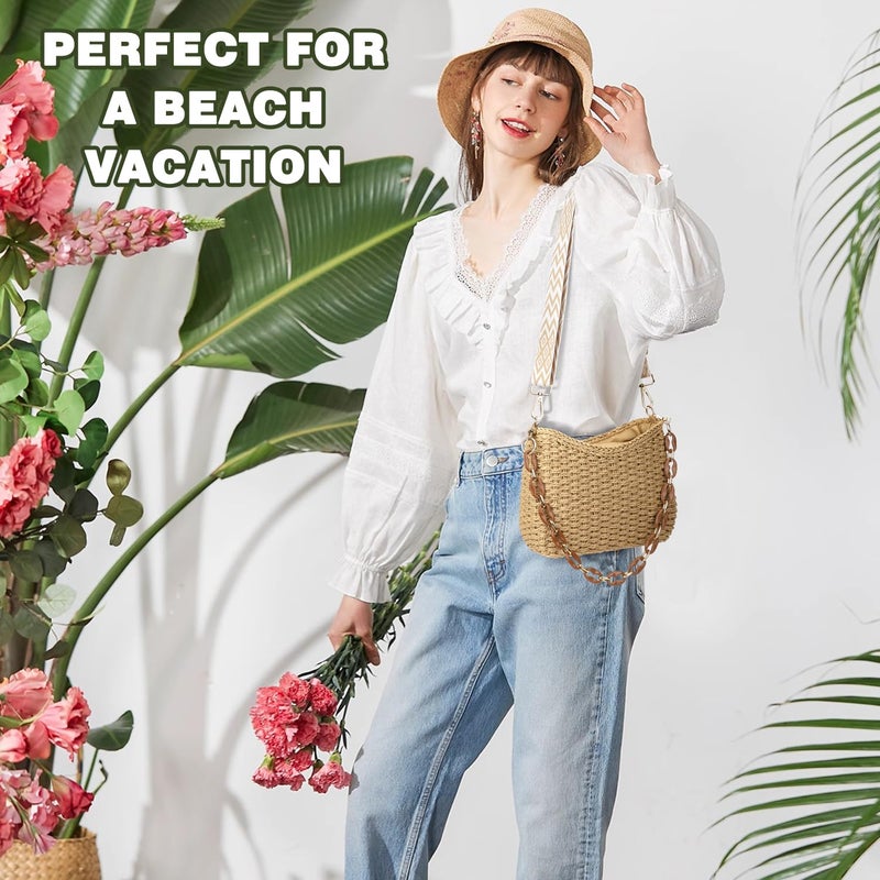 KPX Straw Handbags Purses Crossbody Pocketbook Bag Casual Woven Beach Bags Summer Hobo Hippie Chic Tote Bags with Chain (Chic, Brown) - Image 2