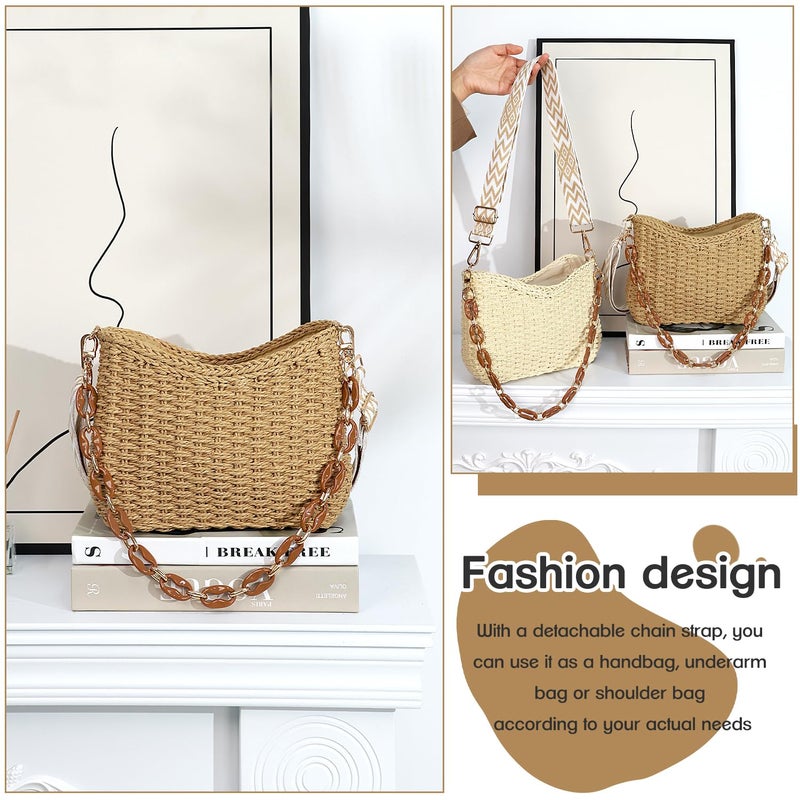 KPX Straw Handbags Purses Crossbody Pocketbook Bag Casual Woven Beach Bags Summer Hobo Hippie Chic Tote Bags with Chain (Chic, Brown) - Image 5