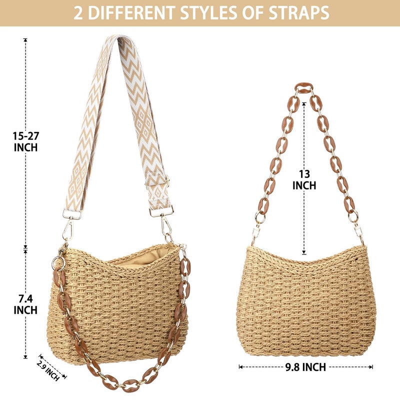 KPX Straw Handbags Purses Crossbody Pocketbook Bag Casual Woven Beach Bags Summer Hobo Hippie Chic Tote Bags with Chain (Chic, Brown) - Image 3