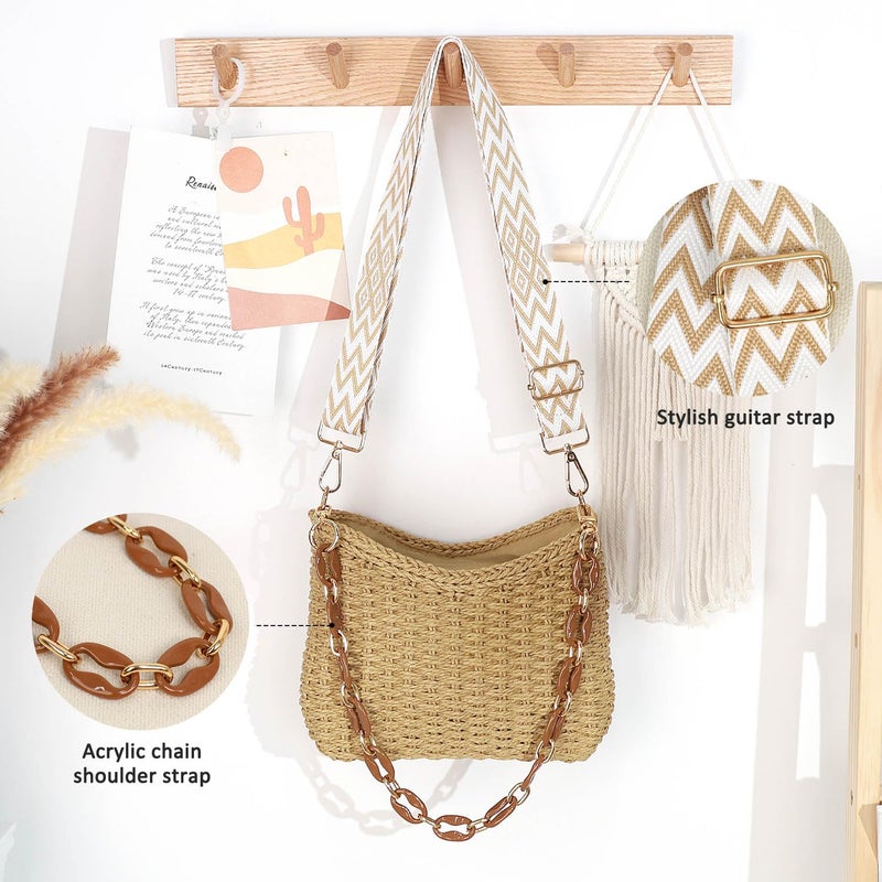 KPX Straw Handbags Purses Crossbody Pocketbook Bag Casual Woven Beach Bags Summer Hobo Hippie Chic Tote Bags with Chain (Chic, Brown) - Image 4