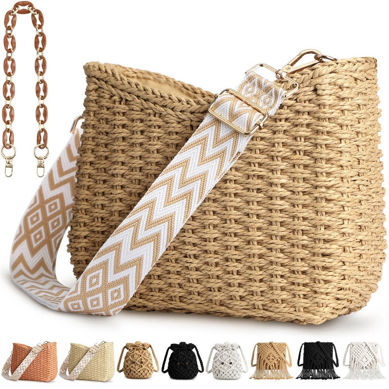 KPX Straw Handbags Purses Crossbody Pocketbook Bag Casual Woven Beach Bags Summer Hobo Hippie Chic Tote Bags with Chain (Chic, Brown) - Image 1