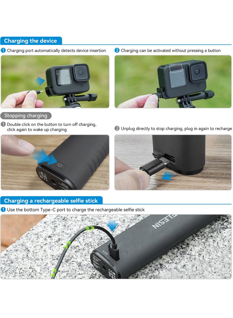عصا سيلفي قابلة لإعادة الشحن بقدرة 10000 مللي أمبير في الساعة مع كابل شحن USB-C لكاميرات الحركة/الهواتف