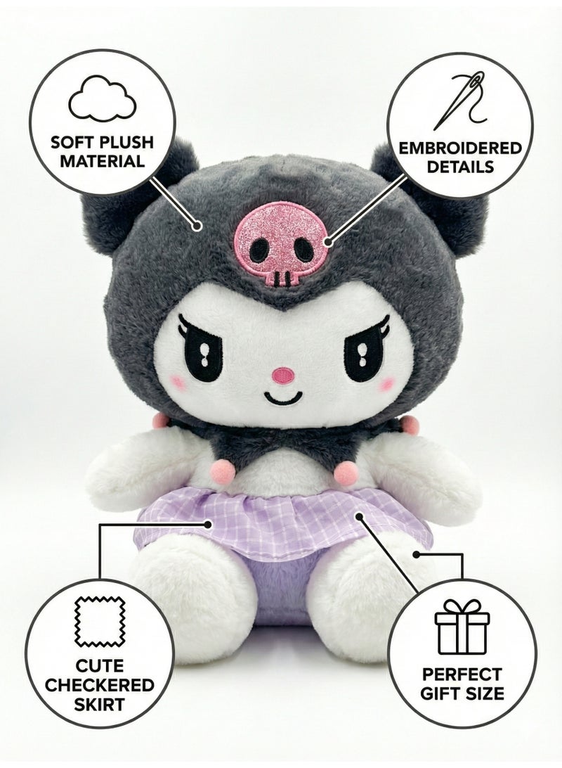REZZOSS Sanrio Kuromi Plush Toy 29cm – Cute Black & White Stuffed Animal Doll with Purple Gingham Skirt & Pink Skull | Fluffy Anime Character Pillow | Kawaii Room Decor & Birthday Gift for Girls 3+ - Image 4