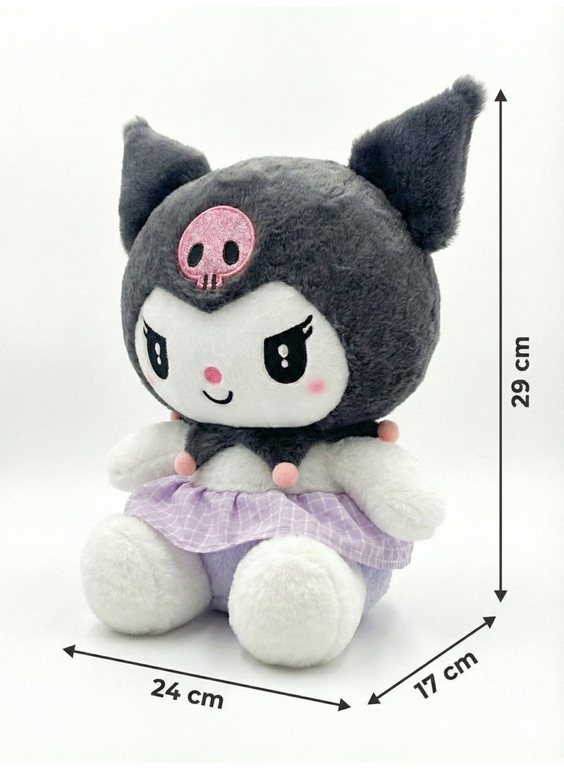 REZZOSS Sanrio Kuromi Plush Toy 29cm – Cute Black & White Stuffed Animal Doll with Purple Gingham Skirt & Pink Skull | Fluffy Anime Character Pillow | Kawaii Room Decor & Birthday Gift for Girls 3+ - Image 2
