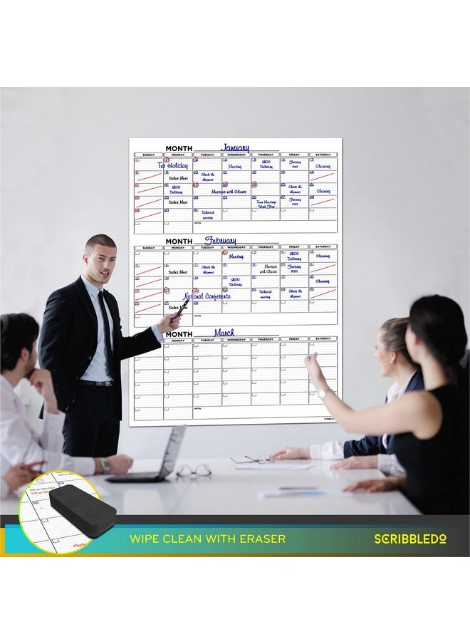 Scribbledo Large 36"X48" Quarterly White Board Calendar Dry Erase Calendar For Wall 3 Month Big Dry Erase Wall Calendar 2023 Monthly Dry Erase Board Planner Includes 6 Markers Eraser Push Pins & Mounting Tape  - Image 4