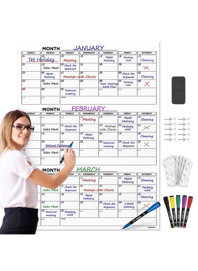 Scribbledo Large 36"X48" Quarterly White Board Calendar Dry Erase Calendar For Wall 3 Month Big Dry Erase Wall Calendar 2023 Monthly Dry Erase Board Planner Includes 6 Markers Eraser Push Pins & Mounting Tape  - Image 1