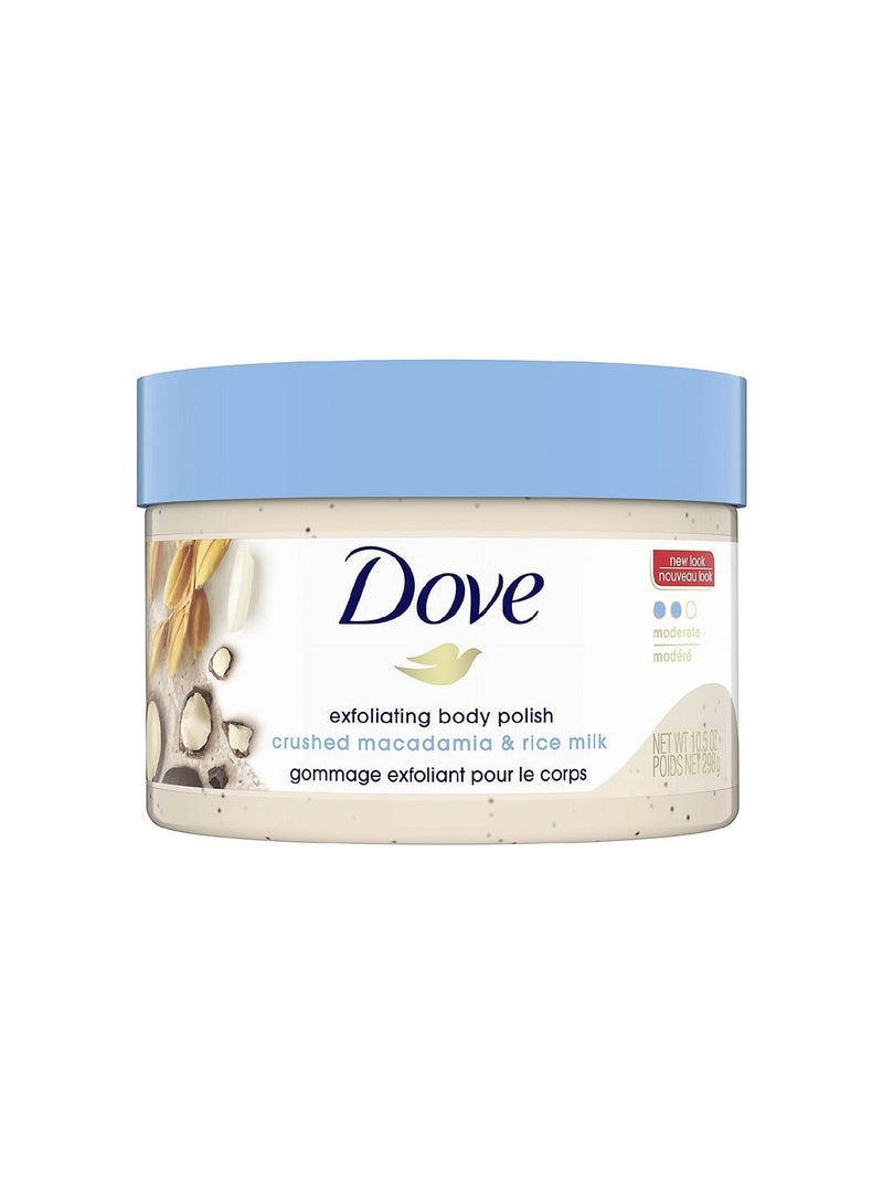 DOVE EXFOLIATING BODY POLISH SCRUB 10.5OZ, 298G, CRUSHED MACADAMIA & RICE MILK, REVEAL VISIBLY SMOOTHER SKIN MACADAMIA & RICE MILK BODY SCRUB THAT NOURISHES SKIN - Image 1