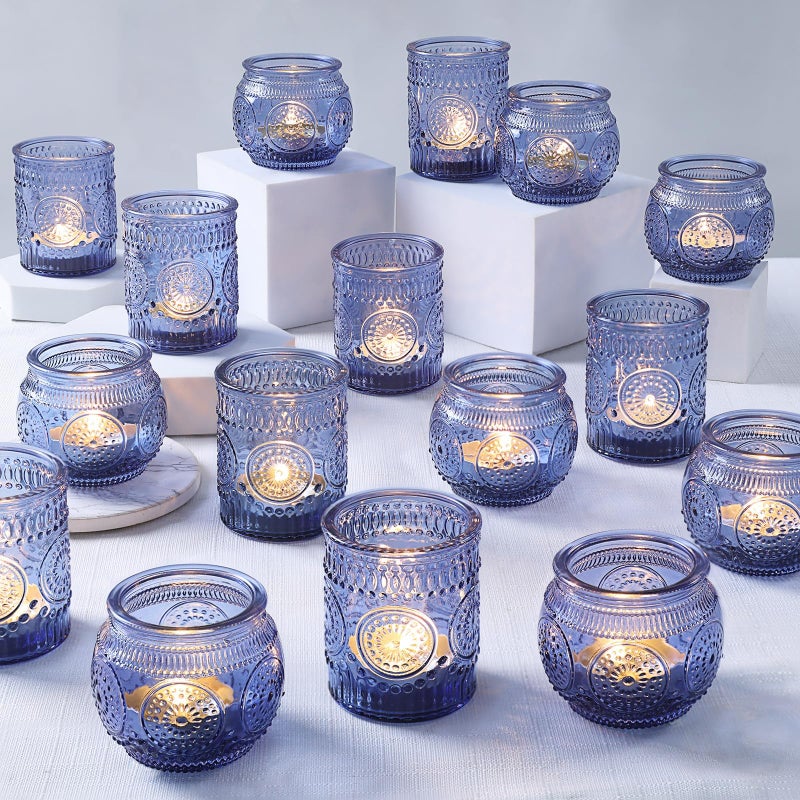 36 Pcs Blue Candle Holders Bulk Blue Votive Candle Holders for Wedding Centerpieces Assorted Glass Tea Lights Holders for BabyBridal Shower Thanksgiving Fall Christmas Table Centerpieces Decor