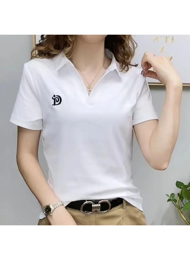 Internet Celebrity Popular Women's Polo Shirt V-neck Short-sleeved T-shirt Women's Summer New Western Style Age-reducing Casual Top 