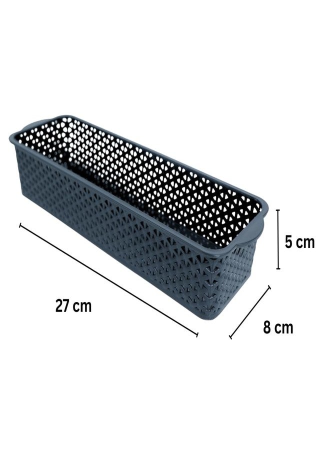 MORVI Deskmate Multi-Purpose Plastic Storage Basket|Durable Stackable Organizer Tokri For Home,Kitchen,Bathroom & Office| Drawer Tray,Cutlery,Cosmetics,Stationery|Set Of 4|Black - Image 2