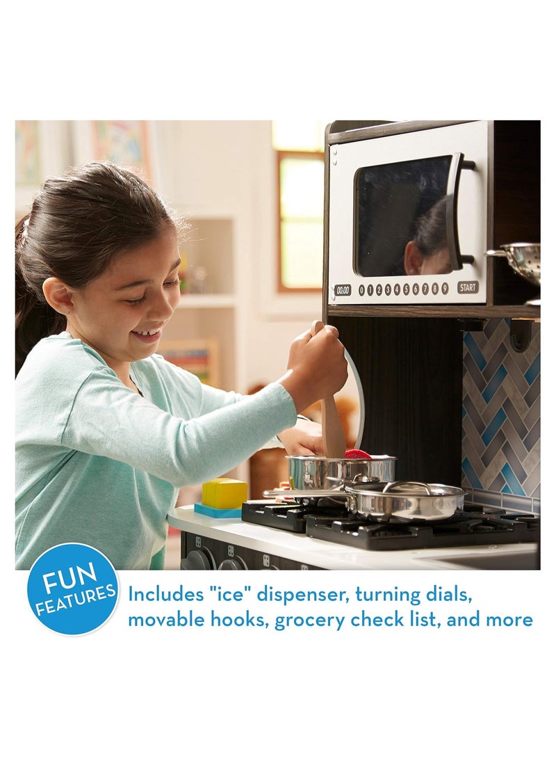 Melissa & Doug Modern Wooden Play Kitchen | Charcoal Finish | Includes Oven, Stove, Sink, Microwave, Refrigerator with Ice Maker | Ample Storage | Perfect for Interactive Pretend Cooking Play - Image 3