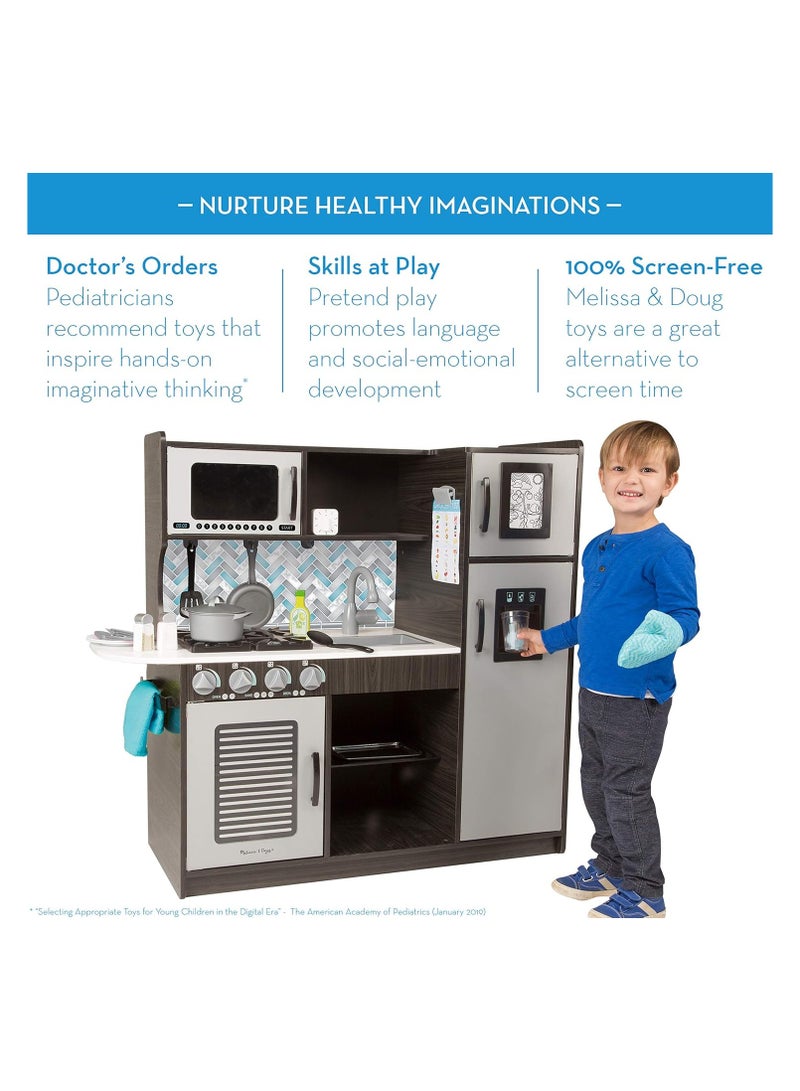 Melissa & Doug Modern Wooden Play Kitchen | Charcoal Finish | Includes Oven, Stove, Sink, Microwave, Refrigerator with Ice Maker | Ample Storage | Perfect for Interactive Pretend Cooking Play - Image 4
