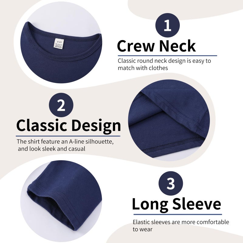 Phedrew 4 Pack Boys Cotton Long Sleeve Shirts Kids Soft Crewneck Basic Tees Solid Colors Fall Tops for Toddler Boysï¼ˆ2T-14Yearsï¼‰ - Image 4
