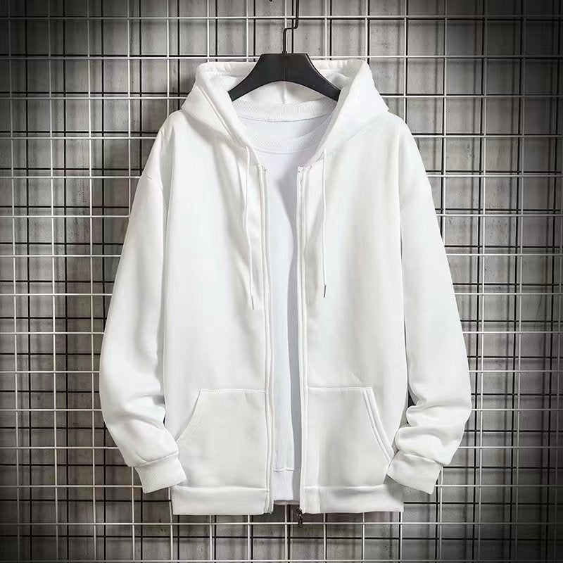 Autumn and Winter zipper sweater mens fleece-lined hooded loose all-match top Korean style trendy casual sports cardigan jacket White zipper sweater 