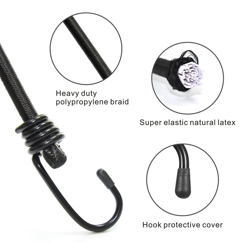 BEXSLE Bungee Cords with Hooks, Heavy Duty Outdoor Elastic Bungee Strapsï¼ŒNo Odour Industrial Grade Bungee Rope for Securing Tarps, Luggage, Tents, Bikes or Garden Tidying 48inch 4Pcs (Black) - Image 3