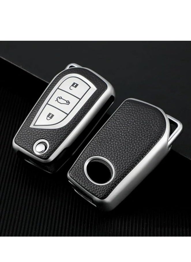 OUYoo TPU Case Key Fob Cover For Toyota C-HR Camry Corolla Fortuner Highlander Levin RAV4 LE Sequoia Sienna Tacoma Tundra Yaris Car Key Shells,With a key chain.（Silver）
