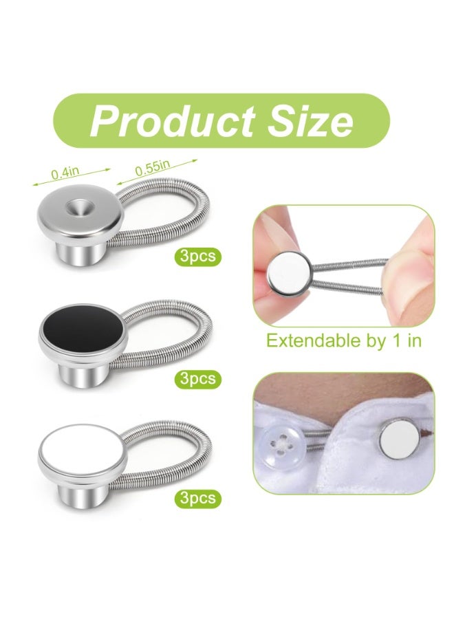 9Pcs Premium Collar Extenders for Men's Dress Shirts,Jeans Pants for Men and Women,Elastic Neck Button Extenders&Collar Stays,Suit Accessories for Formal Wear (Black/White/Silver) - Image 2