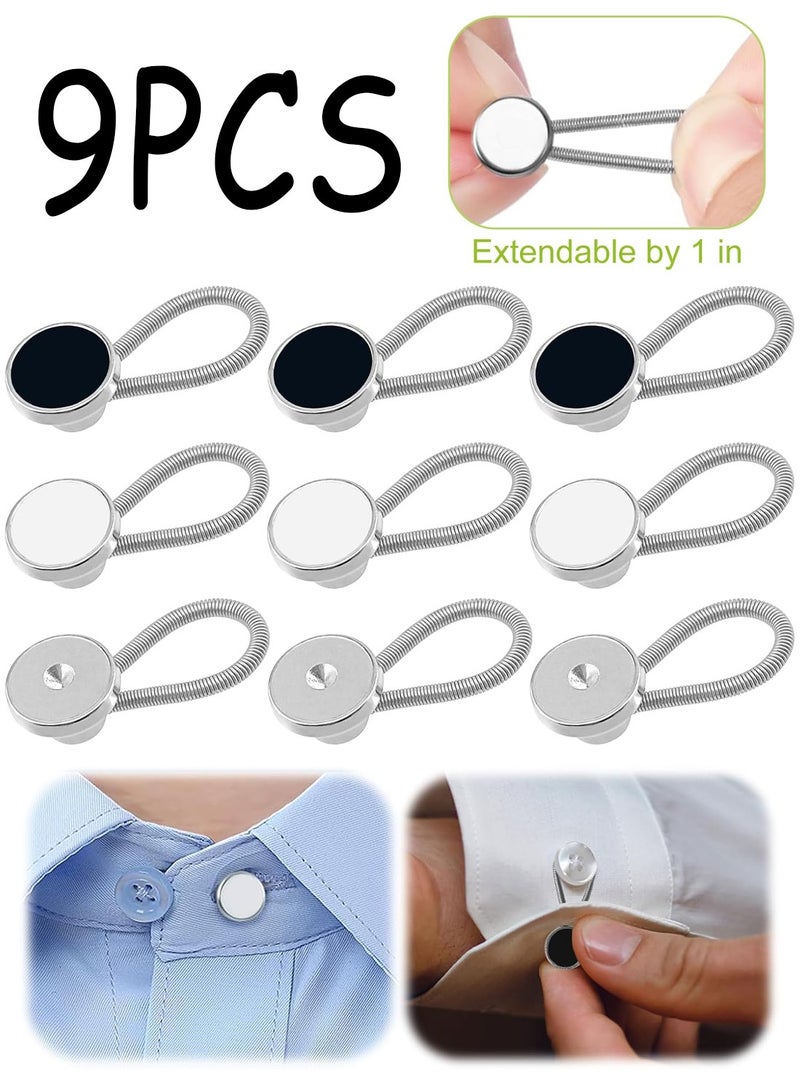 9Pcs Premium Collar Extenders for Men's Dress Shirts,Jeans Pants for Men and Women,Elastic Neck Button Extenders&Collar Stays,Suit Accessories for Formal Wear (Black/White/Silver) - Image 1