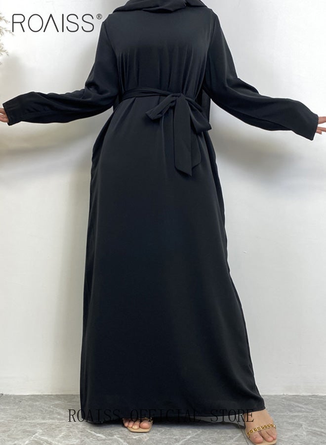 roaiss Abaya Style Robe with Solid Color Batwing Sleeve Long Sleeve  Design Belt Waist Design Women Daily Casual All Match  Commuter Long Skirt for Ladies Elegant Temperament Casual Outfit  - Image 1