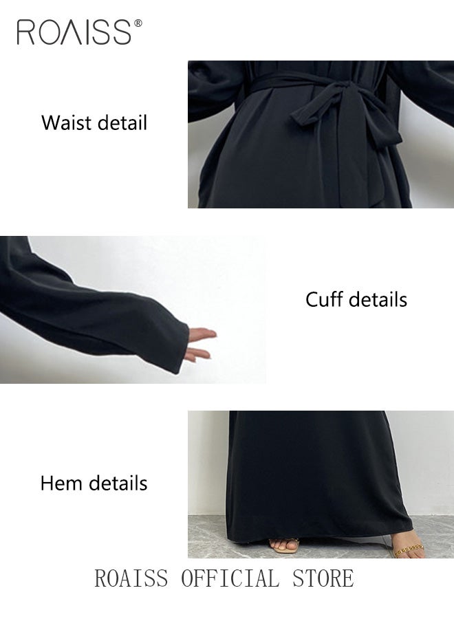 roaiss Abaya Style Robe with Solid Color Batwing Sleeve Long Sleeve  Design Belt Waist Design Women Daily Casual All Match  Commuter Long Skirt for Ladies Elegant Temperament Casual Outfit  - Image 3