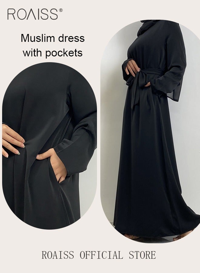 roaiss Abaya Style Robe with Solid Color Batwing Sleeve Long Sleeve  Design Belt Waist Design Women Daily Casual All Match  Commuter Long Skirt for Ladies Elegant Temperament Casual Outfit  - Image 4