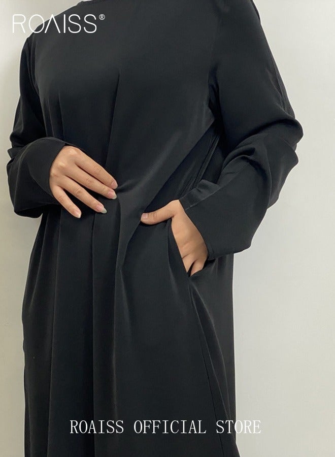 roaiss Abaya Style Robe with Solid Color Batwing Sleeve Long Sleeve  Design Belt Waist Design Women Daily Casual All Match  Commuter Long Skirt for Ladies Elegant Temperament Casual Outfit  - Image 5