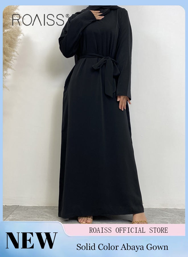 roaiss Abaya Style Robe with Solid Color Batwing Sleeve Long Sleeve  Design Belt Waist Design Women Daily Casual All Match  Commuter Long Skirt for Ladies Elegant Temperament Casual Outfit  - Image 2