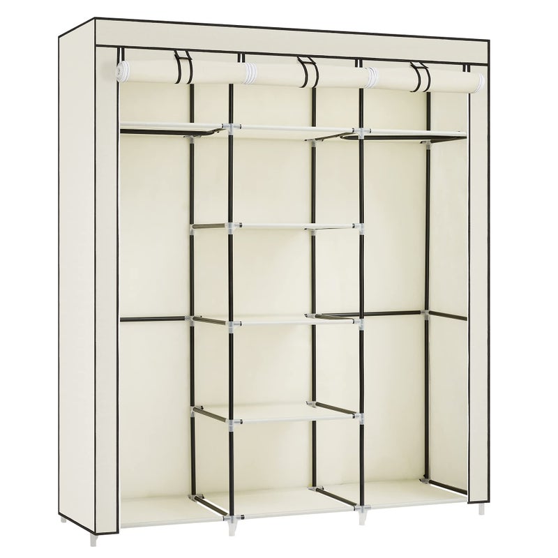 SONGMICS خزانة ملابس قابلة للطي من سونغميكس، خزانة قماش قابلة للطي مع 2 قضبان ملابس 175 x 150 x 45 سم بيج RYG12M