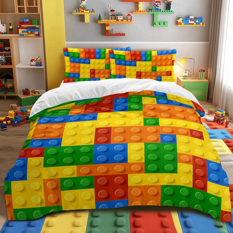 BlessLiving Twin Duvet Cover Set  Soft Colorful Building Blocks Bedding Set Fun Geometric Brick Pattern Comforter Cover Yellow Orange  Green  Gaming Bedspread with 2 Pillowcases for Teens  Boys