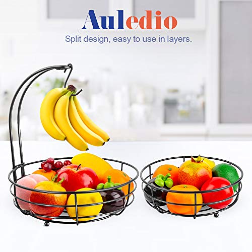 Auledio Iron 2-Tier Countertop Fruit Vegetables Basket Bowl Storage With Banana Hanger, Black, 64 ounces - Image 3
