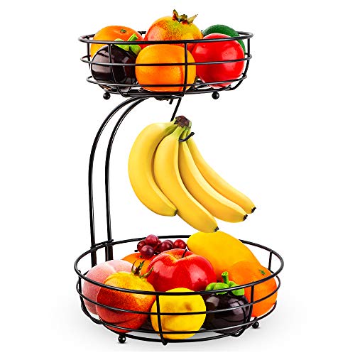 Auledio Iron 2-Tier Countertop Fruit Vegetables Basket Bowl Storage With Banana Hanger, Black, 64 ounces - Image 1