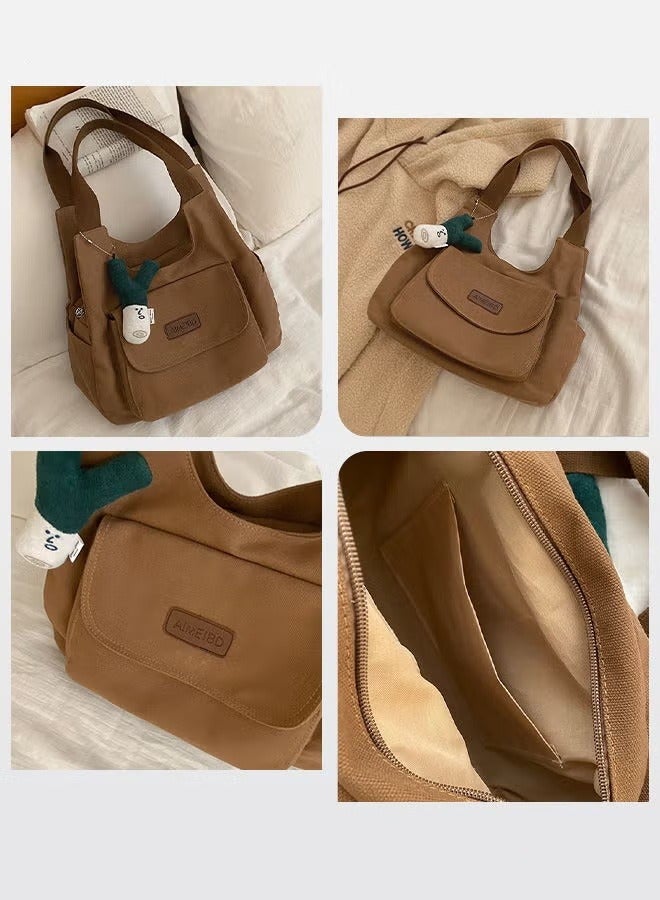 ميكسد حقيبة الكتف البرونية النايلون العادية للنساء ، متعددة الجيب خفيفة الوزن مع قلادة لطيفة ، مثالية للتنقل اليومي والتسوق والسفر - Image 4