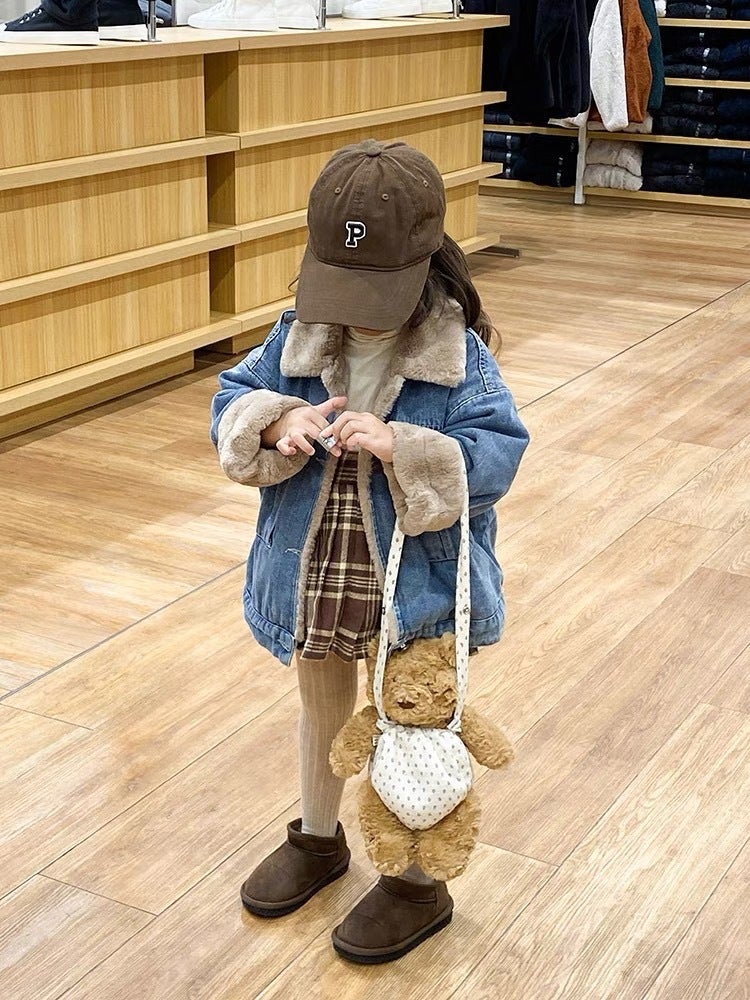 Children'S Coat 2023 Autumn Korean Style Neutral Gray Rabbit Fur Lining Denim Thick Warm Coat For Boys And Girls - Image 3