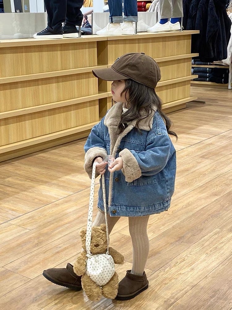 Children'S Coat 2023 Autumn Korean Style Neutral Gray Rabbit Fur Lining Denim Thick Warm Coat For Boys And Girls - Image 2