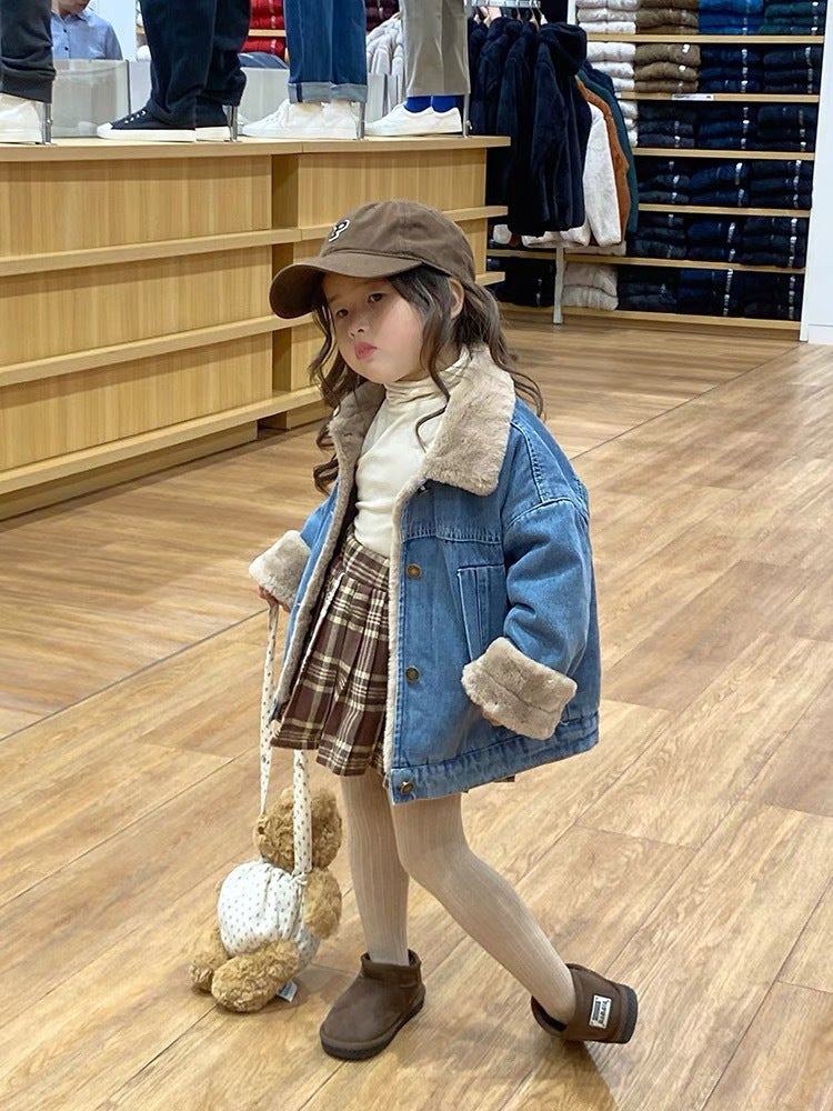 Children'S Coat 2023 Autumn Korean Style Neutral Gray Rabbit Fur Lining Denim Thick Warm Coat For Boys And Girls - Image 1