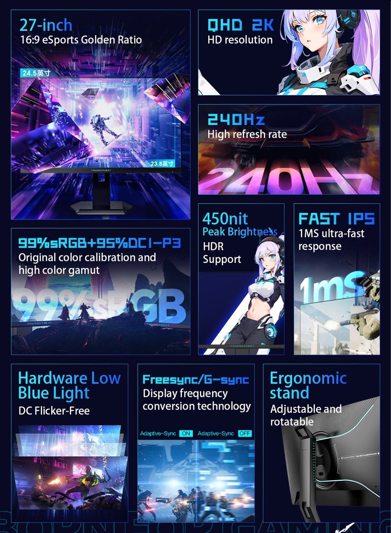 ثوندروبوت شاشة ألعاب 27 بوصة QHD 2560x1440 240 هرتز مع شاشة IPS سريعة، واستجابة GTG 1 مللي ثانية، وHDR10، وسطوع 450 درجة، وضوء أزرق منخفض، وعلامة متقاطعة، وحامل قابل لضبط الارتفاع - Image 2